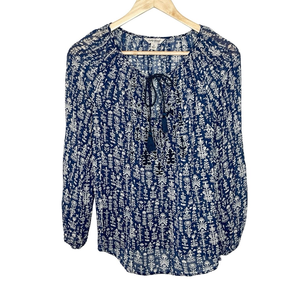 Lucky Brand Embroidered Boho Top Blue Womens Small Tasseled Floral Long Sleeve
